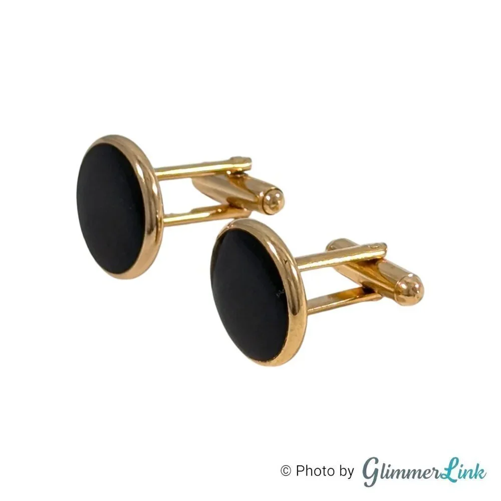 Black Enamel Circle Art Deco Style Gold Tone Cufflinks